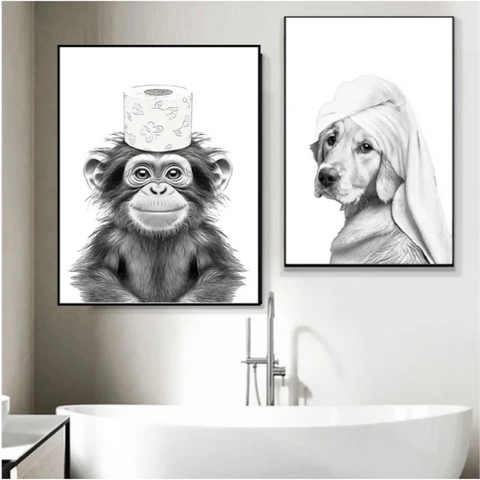 Perrito saliendo de la ducha en blanco y negro